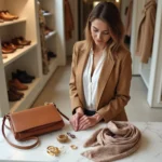 Femme élégante arrangeant des accessoires de mode tendance sur un comptoir en marbre dans une boutique parisienne