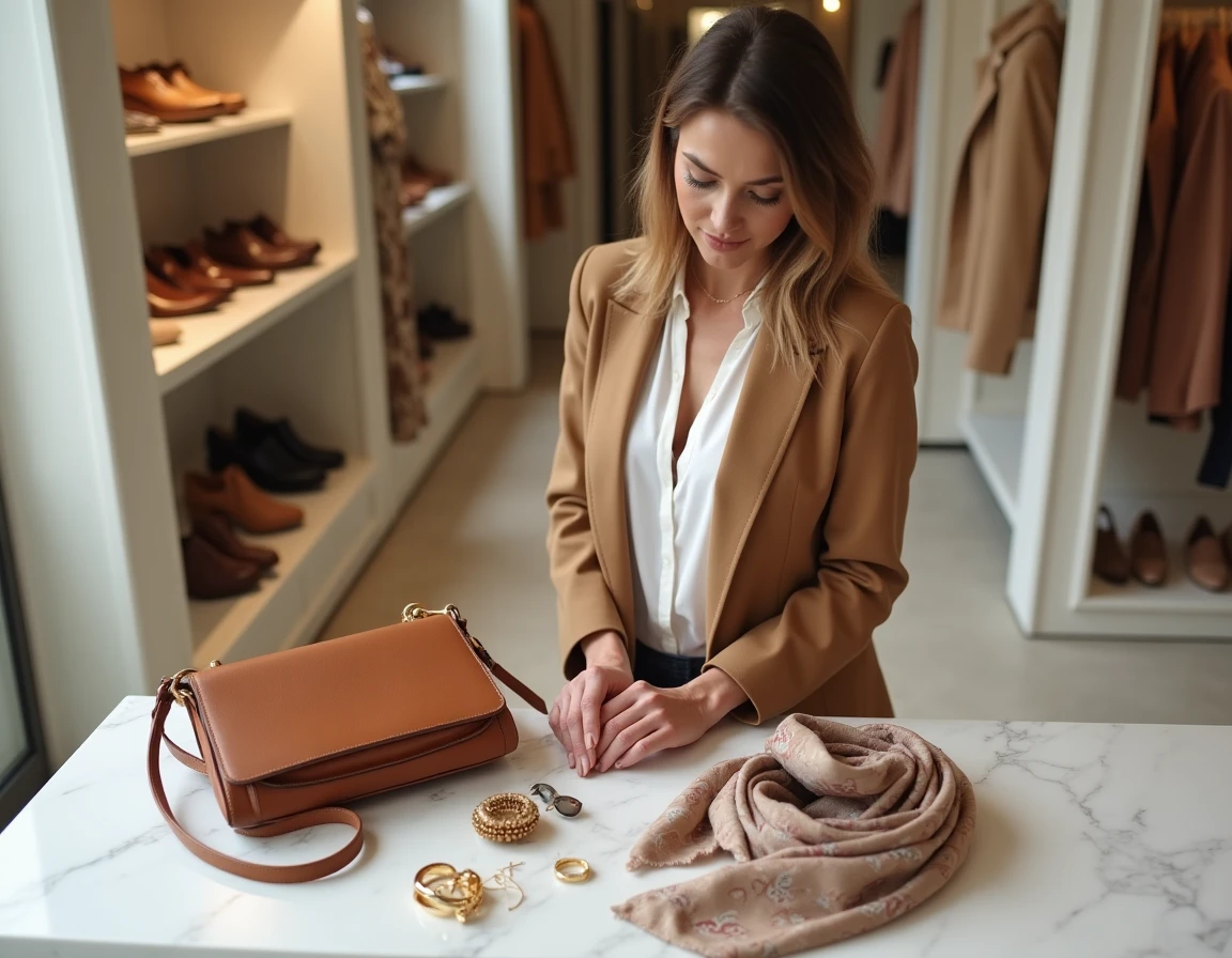 Femme élégante arrangeant des accessoires de mode tendance sur un comptoir en marbre dans une boutique parisienne