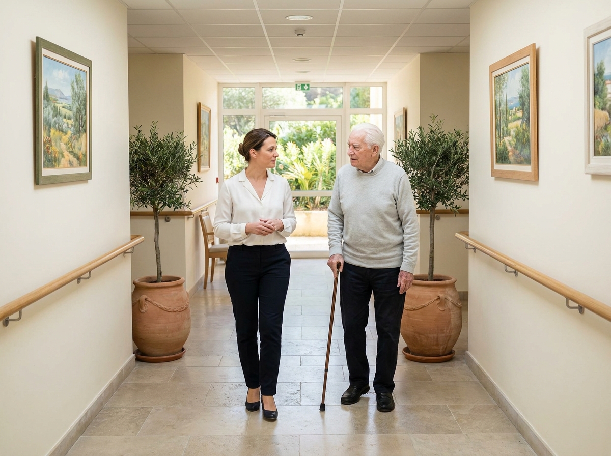 Conseillère accompagnant un résident âgé dans le couloir d'une maison de retraite à Toulon