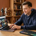 Jeune homme belge parcourant une boutique de jeux vidéo en ligne sur son ordinateur portable dans un appartement cosy