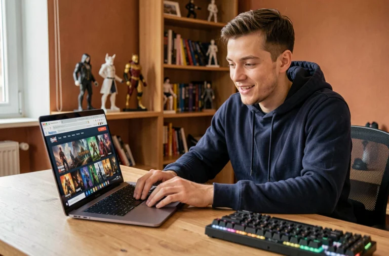Jeune homme belge parcourant une boutique de jeux vidéo en ligne sur son ordinateur portable dans un appartement cosy