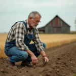 Agriculteur inspectant son terrain agricole dans un champ de blé, illustrant l'importance d'une assurance multirisque pour les exploitations