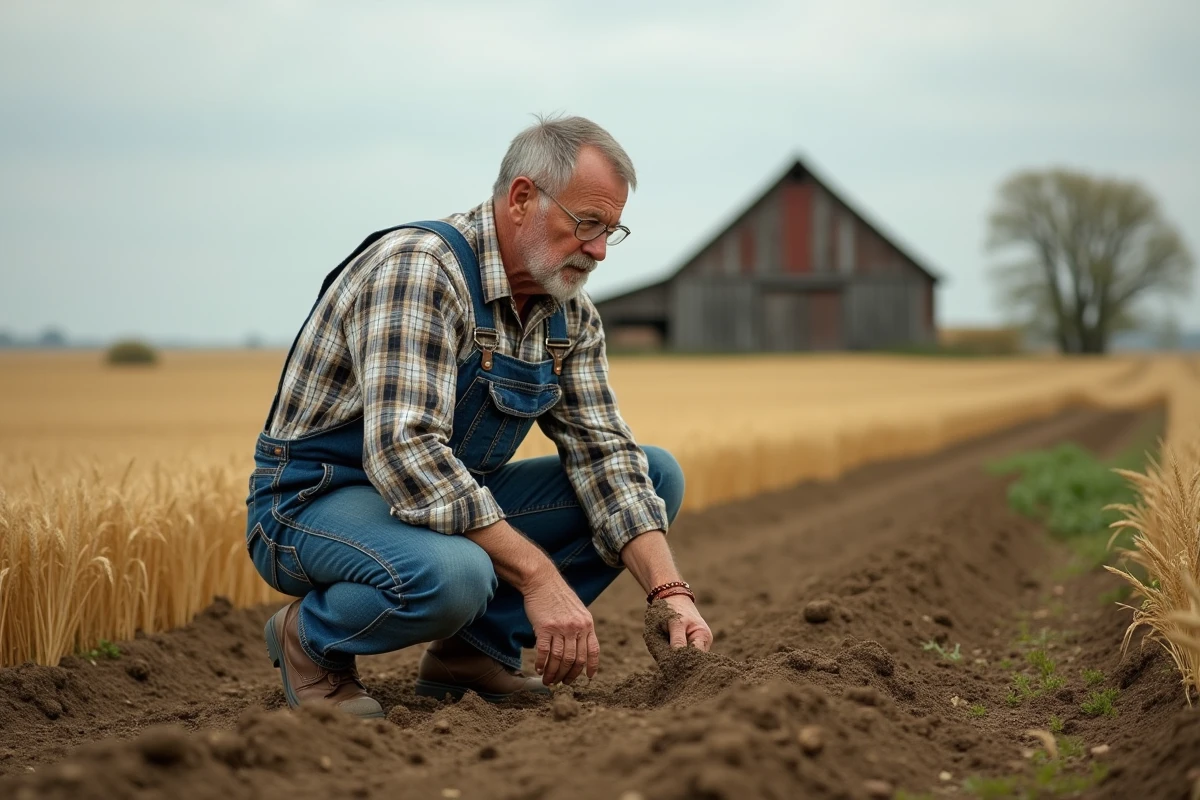 Agriculteur inspectant son terrain agricole dans un champ de blé, illustrant l'importance d'une assurance multirisque pour les exploitations