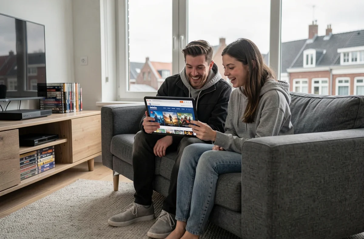 Deux amis belges parcourant ensemble un site de vente de jeux vidéo en ligne sur une tablette dans un salon moderne