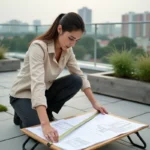 Architecte paysagiste calculant le pourcentage d'espace vert sur une dalle béton en toiture urbaine