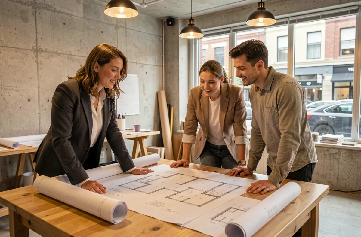 Architecte professionnelle présentant des plans de construction à un couple lors d'une réunion de projet dans un studio moderne