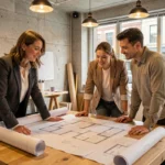 Architecte professionnelle présentant des plans de construction à un couple lors d'une réunion de projet dans un studio moderne