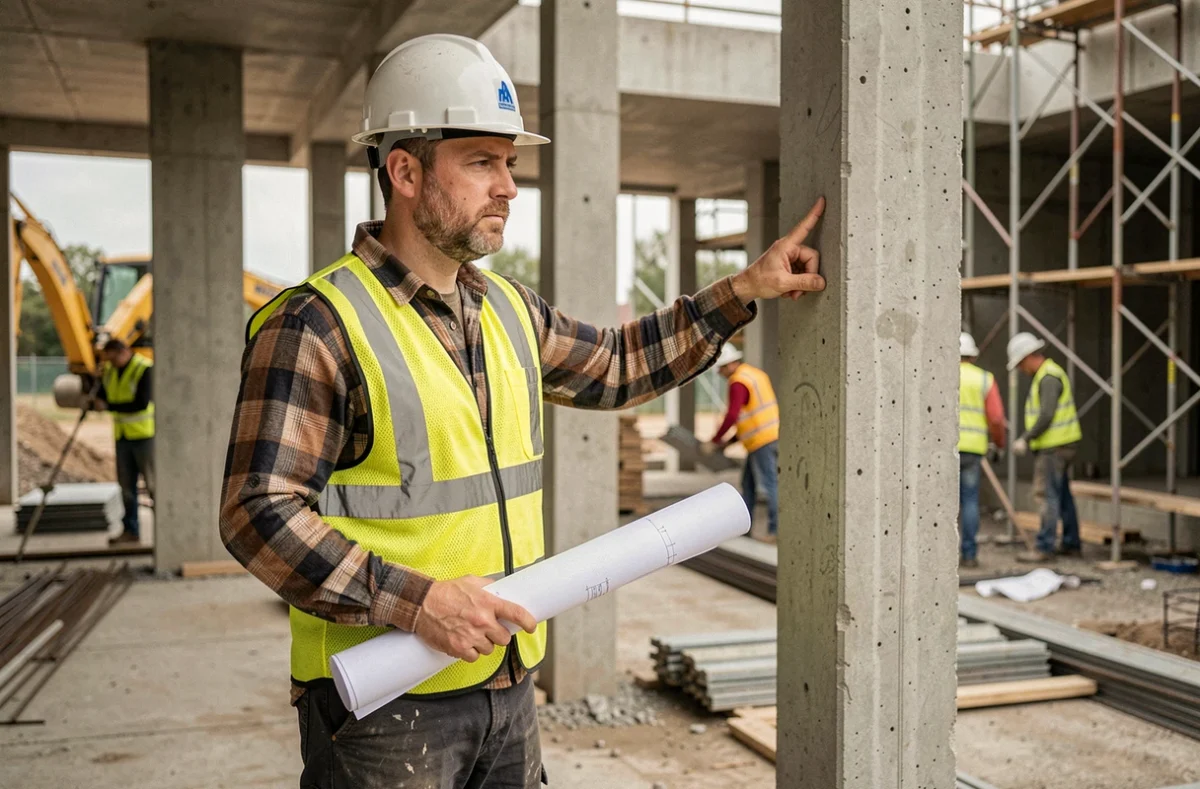 Architecte en tenue de sécurité supervisant un chantier de construction résidentielle avec des plans à la main