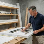 Artisan mesurant un cadre de fenêtre coulissante PVC sur mesure dans un atelier moderne, illustrant les nouveautés 2026