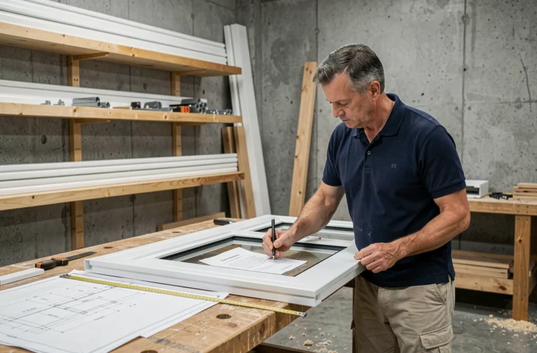 Artisan mesurant un cadre de fenêtre coulissante PVC sur mesure dans un atelier moderne, illustrant les nouveautés 2026