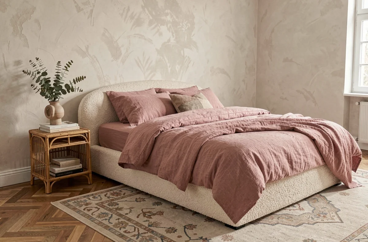 Chambre à coucher tendance avec tête de lit bouclé, parure de lit en lin rose poudré et mur en peinture à la chaux