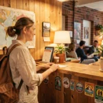 Voyageuse souriante en train de s'enregistrer à l'accueil d'une auberge de jeunesse conviviale pendant un tour du monde