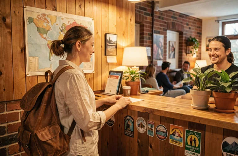 Voyageuse souriante en train de s'enregistrer à l'accueil d'une auberge de jeunesse conviviale pendant un tour du monde