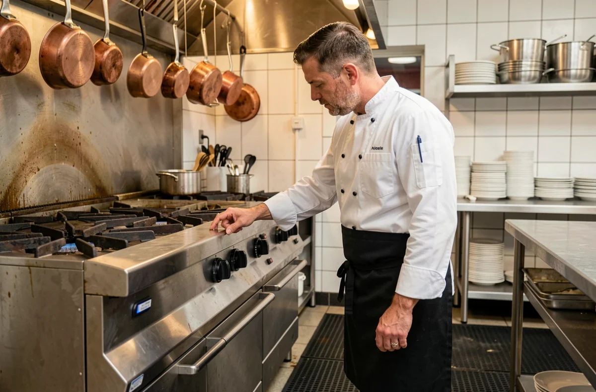 Chef professionnel inspectant un piano de cuisson en acier inoxydable dans une cuisine de restaurant équipée