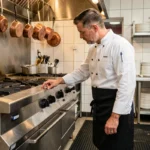 Chef professionnel inspectant un piano de cuisson en acier inoxydable dans une cuisine de restaurant équipée