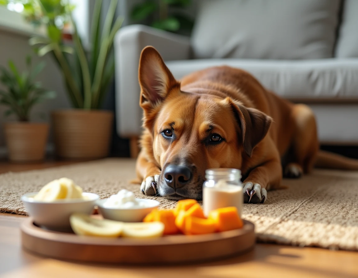 Chien détendu couché près d'aliments naturels probiotiques et prébiotiques pour restaurer la flore intestinale