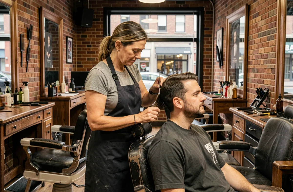 Coiffeuse professionnelle coupant les cheveux d'un client dans un barbershop urbain au style vintage, illustrant une transformation capillaire soignée