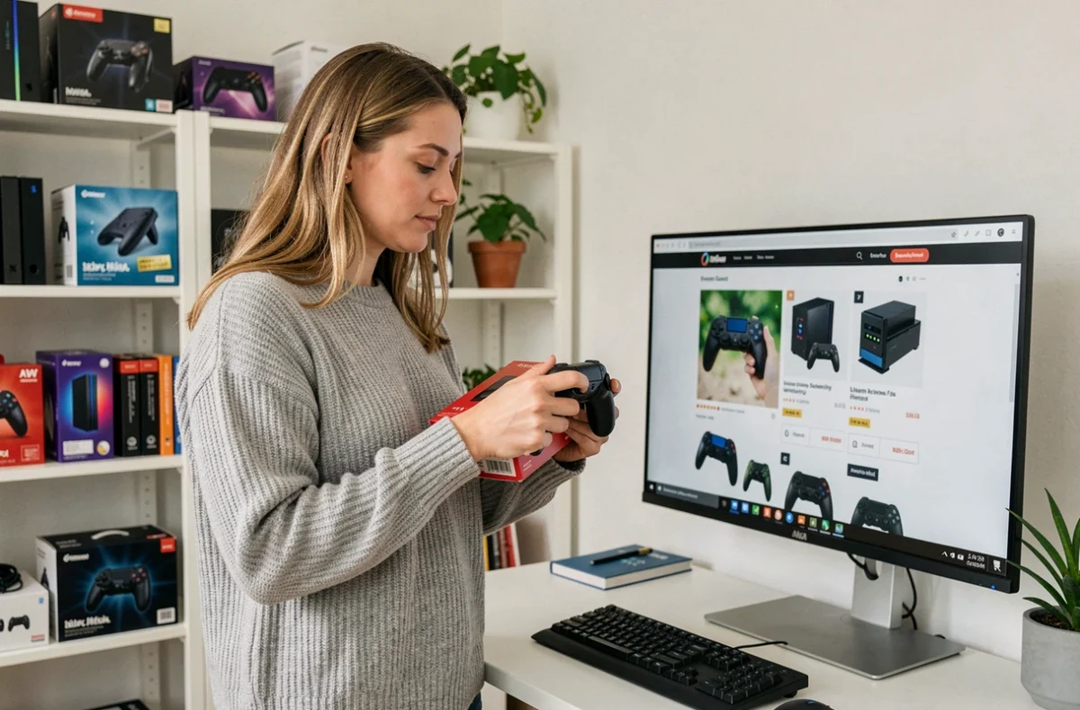 Femme comparant des accessoires de gaming achetés en ligne dans un bureau à domicile en Belgique