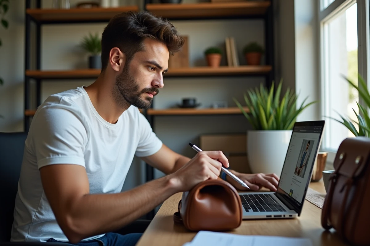 Homme comparant un sac à main de luxe avec sa fiche produit sur le site Zalando pour détecter une éventuelle contrefaçon