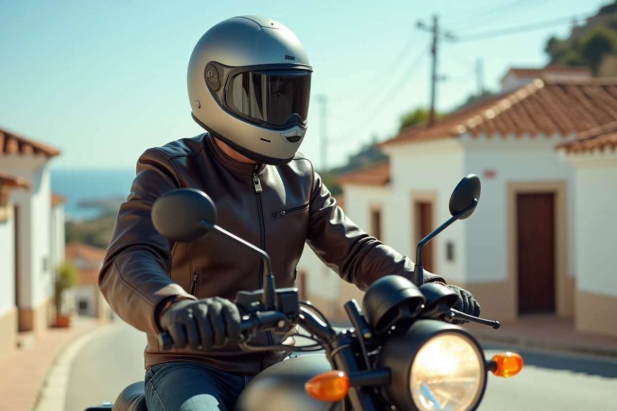 Conducteur avec permis voiture sur une 125cc en Espagne sur une route côtière ensoleillée