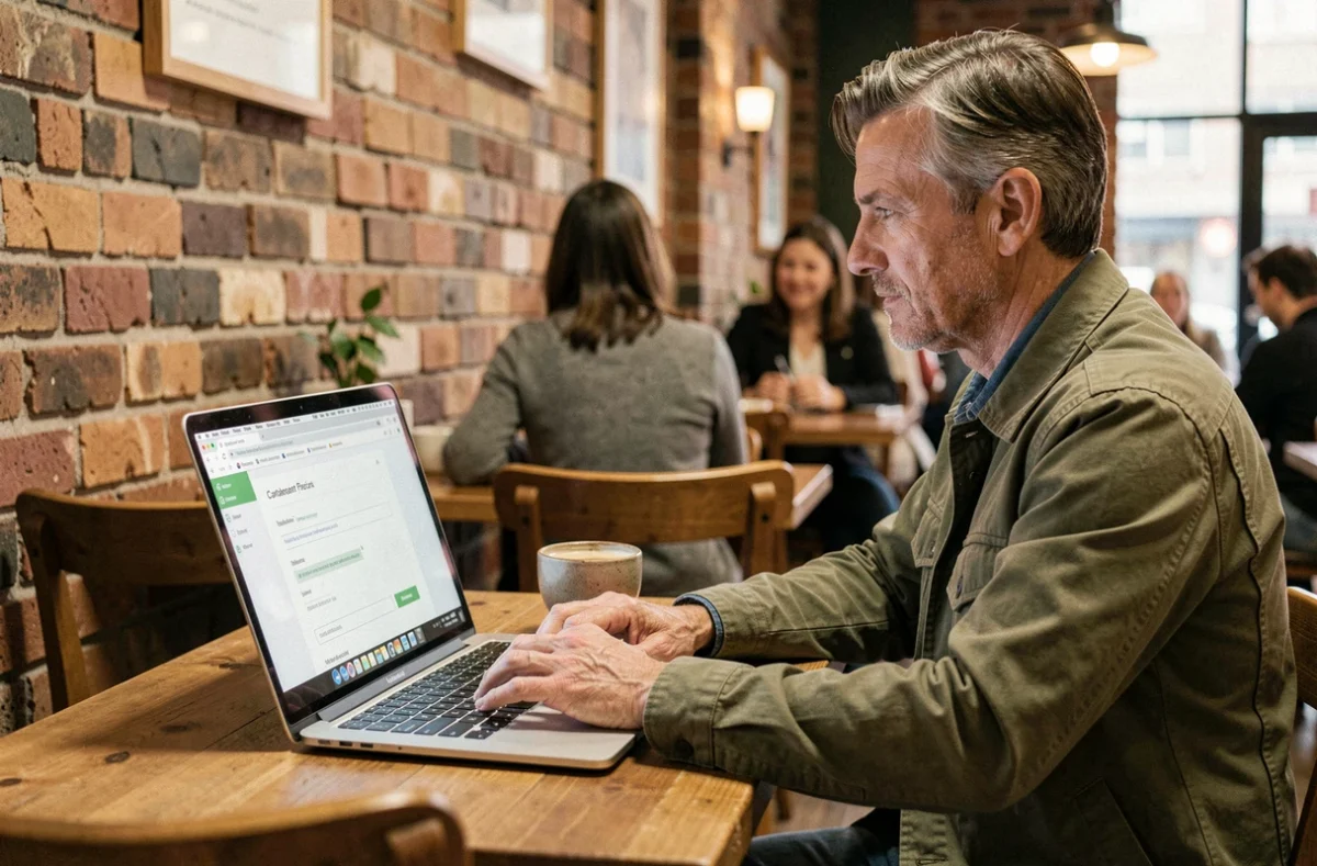 Personne configurant les paramètres de confidentialité d'un compte X dans un café avec un ordinateur portable, sans recourir à un numéro de téléphone