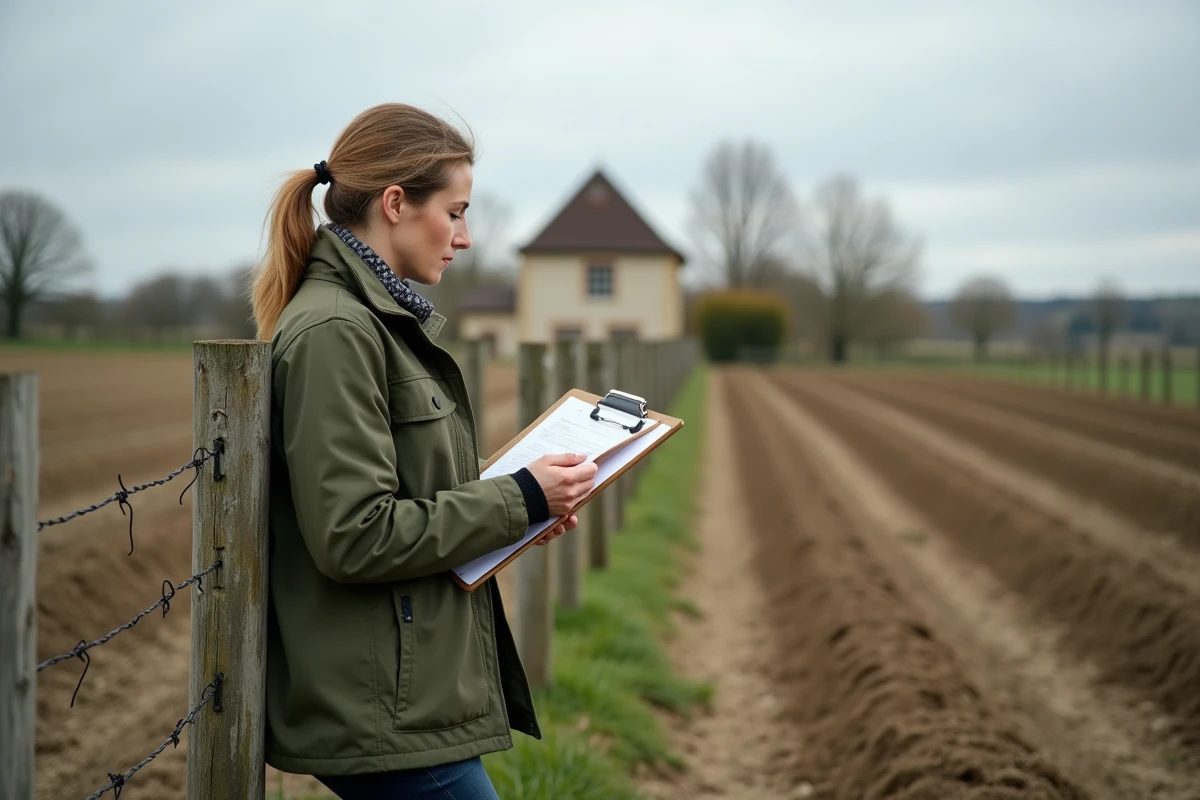 Conseillère agricole évaluant une parcelle de terrain cultivé, représentant la gestion des risques et l'assurance agricole multirisque
