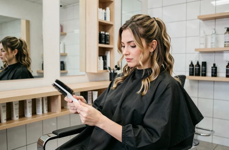 Femme en consultation dans un salon de coiffure moderne, examinant des mèches de cheveux pour choisir sa prochaine coupe de cheveux idéale