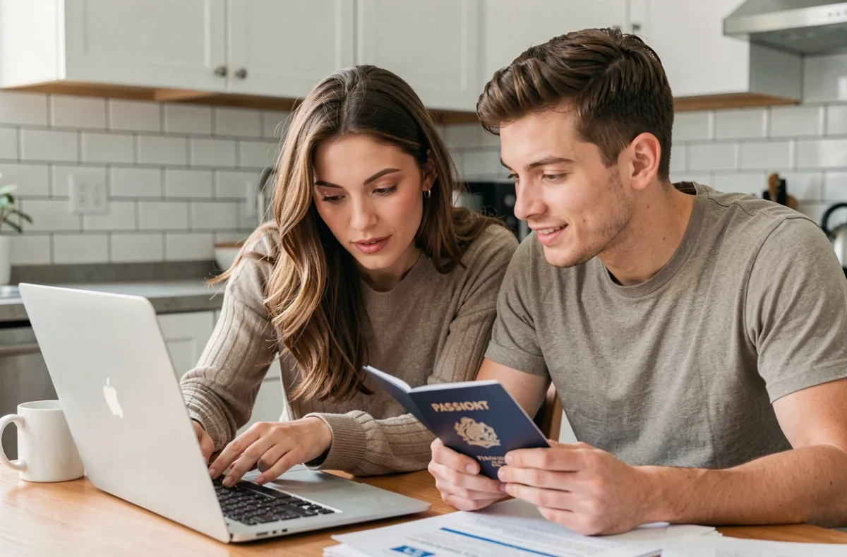 Couple remplissant un formulaire de visa en ligne sur ordinateur avant leur départ en voyage