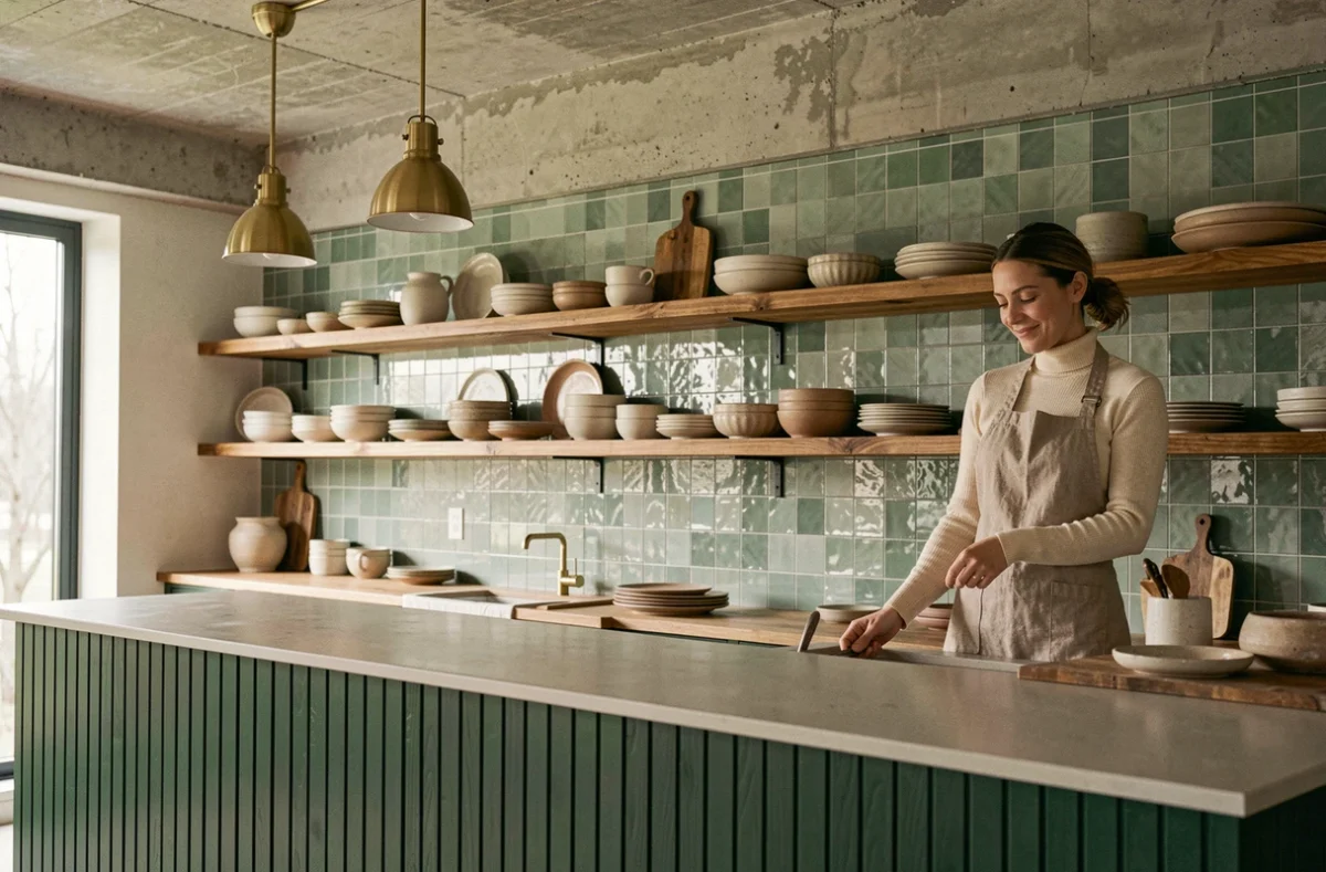 Femme arrangeant de la vaisselle en céramique dans une cuisine tendance avec des carreaux zellige verts et un îlot cannelé