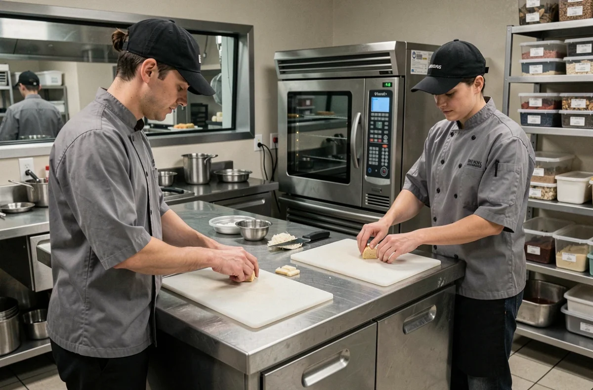 Cuisiniers professionnels en train de préparer la mise en place sur une table inox équipée dans une cuisine d'hôtel