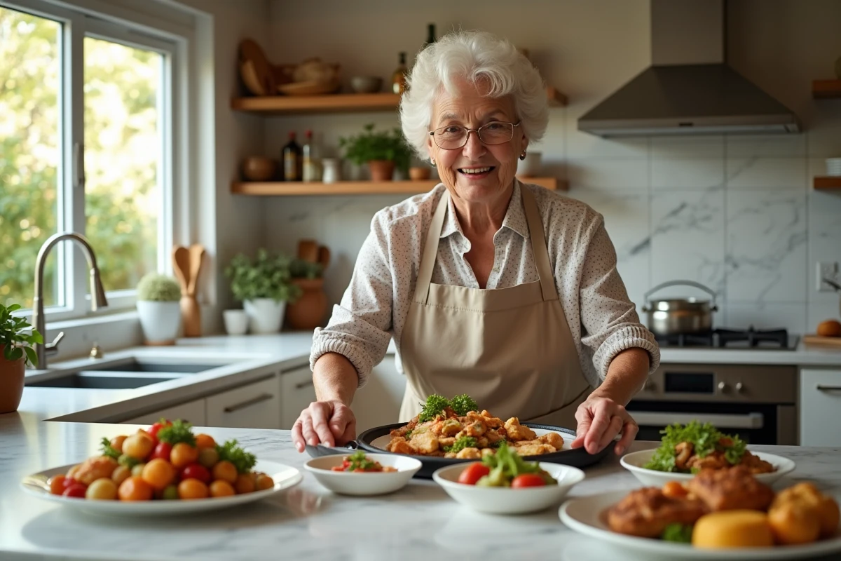 Femme âgée disposant des plats faits maison sur un plateau