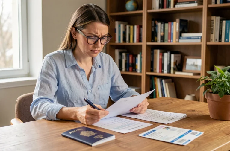 Femme consultant ses documents de voyage et passeport avant un départ international