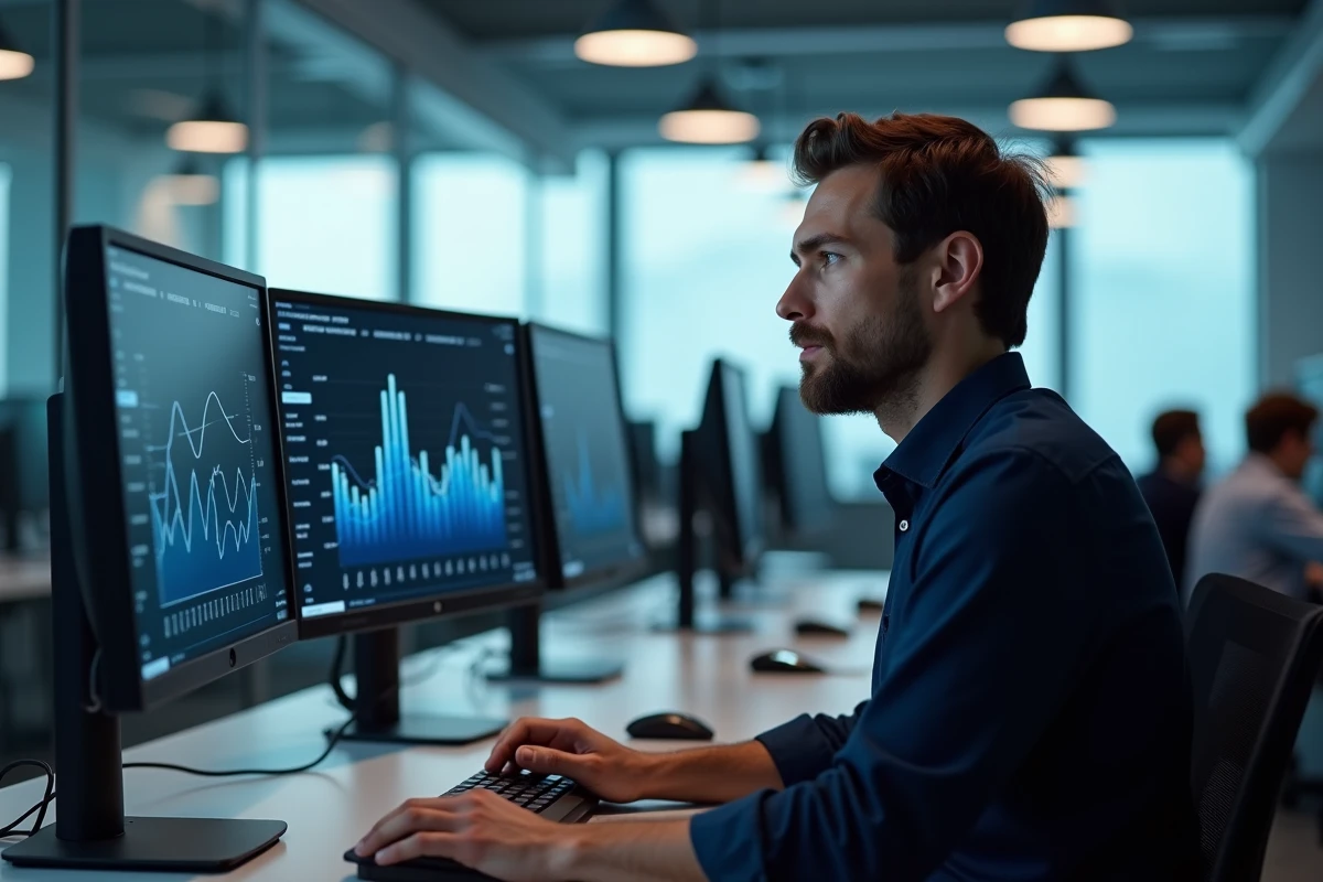 Ingénieur analysant des tableaux de bord de détection de fraude et de transactions sécurisées dans un bureau technologique moderne