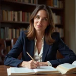 Femme élégante assise à un bureau parisien entouré de livres, illustrant le parcours intellectuel de l'épouse d'Éric-Emmanuel Schmitt