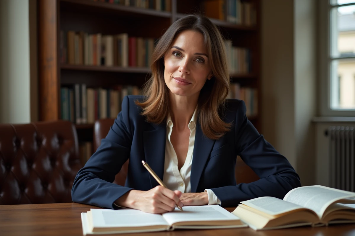 Femme élégante assise à un bureau parisien entouré de livres, illustrant le parcours intellectuel de l'épouse d'Éric-Emmanuel Schmitt