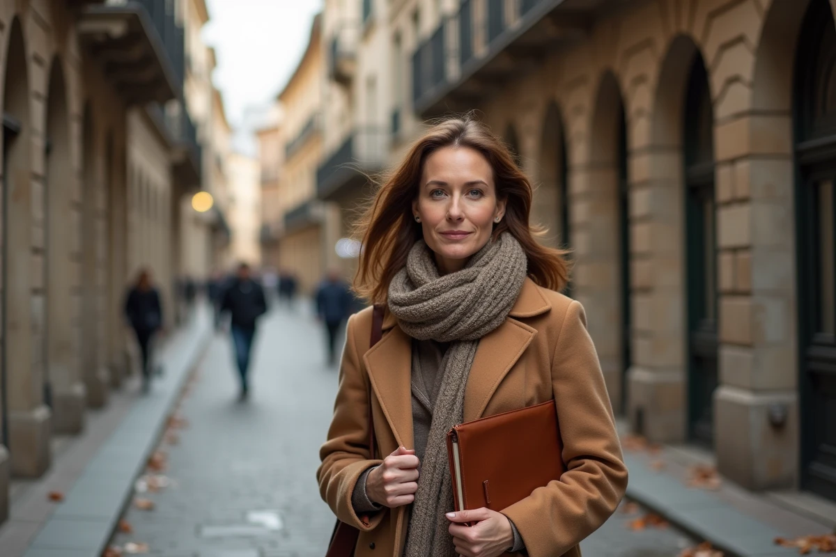 Femme cultivée se promenant dans une rue pavée européenne avec un carnet, symbolisant le parcours fascinant et intellectuel de l'épouse d'Éric-Emmanuel Schmitt