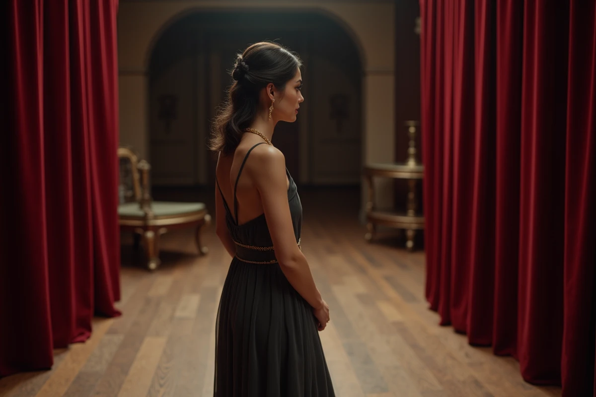 Femme sophistiquée dans les coulisses d'un théâtre classique, évoquant l'univers artistique et culturel de la compagne d'Éric-Emmanuel Schmitt