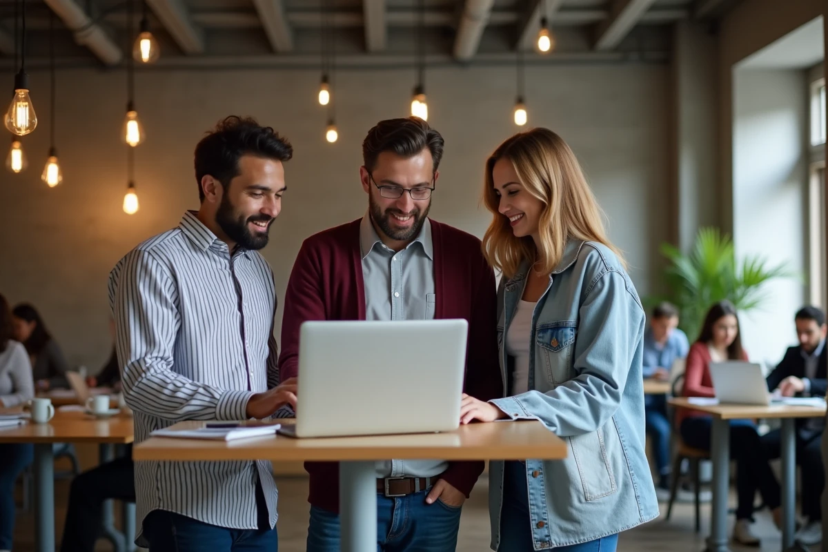 Équipe de collègues collaborant sur des outils de bureautique en ligne dans un espace de coworking