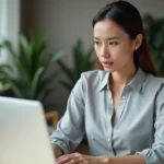 Femme devant un ordinateur portable affichant une erreur de label sur un logiciel de gestion de fichiers Arkevia