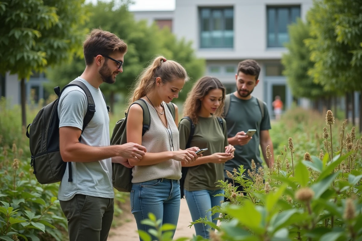 Groupe d'étudiants dans un jardin botanique universitaire