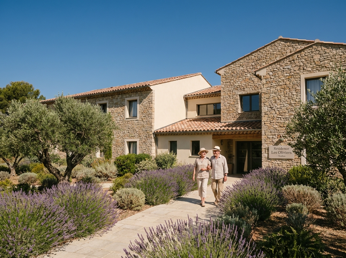 Façade extérieure d'une maison de retraite à Toulon avec jardin méditerranéen et couple de résidents se promenant
