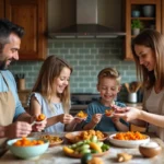 Famille heureuse autour d une table de cuisine rustique