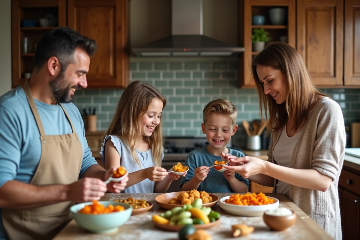Famille heureuse autour d une table de cuisine rustique