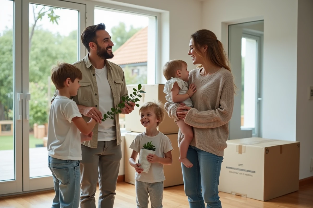 Famille heureuse dans leur salon moderne avec jardin visible