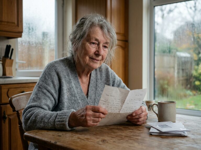 Femme âgée lisant une lettre manuscrite à table, expression apaisée, moment de recueillement lié au deuil