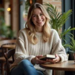 Femme souriante dans un café cosy avec livre