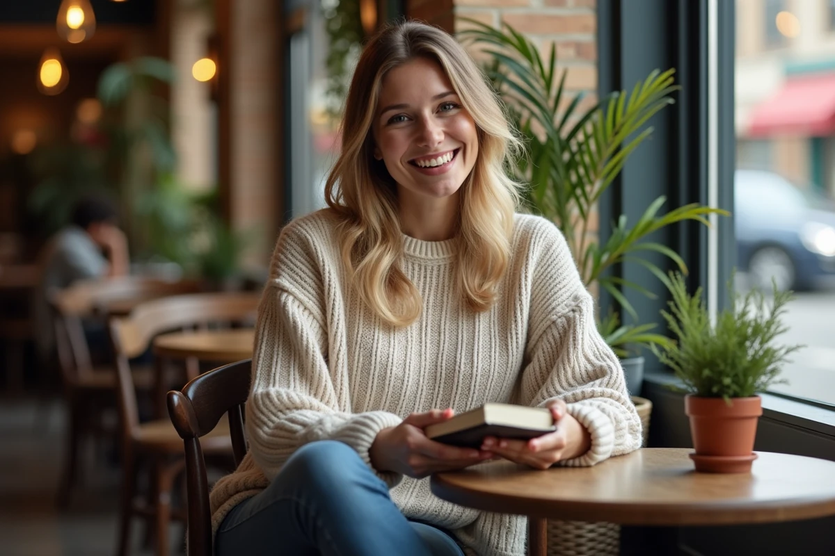 Femme souriante dans un café cosy avec livre