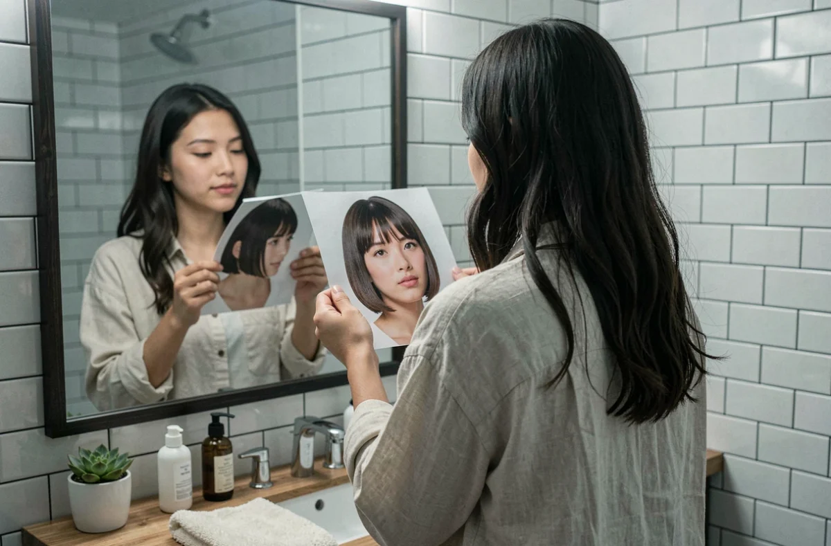 Jeune femme chez elle comparant sa coiffure actuelle avec une photo de coupe courte bob, processus de choix d'une nouvelle coupe de cheveux impressionnante