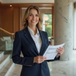 Femme élégante tenant une estimation immobilière dans une maison de luxe