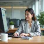 Femme utilisant des outils de bureautique en ligne sur un double écran dans un bureau moderne
